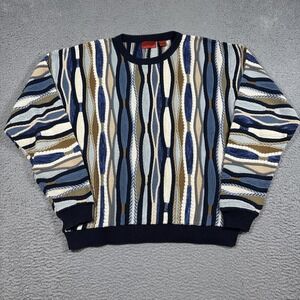J. Simon Sz L Vtg Patchwork 3D Knit Coogi Type Sweater Blue White 90s Cosby